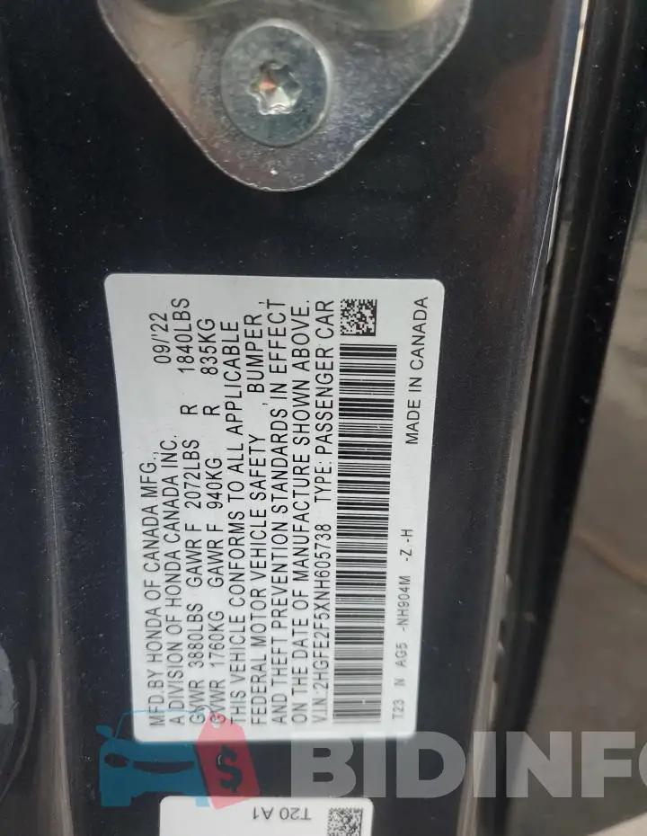 2HGFE2F5XNH605738 Photo# 13
