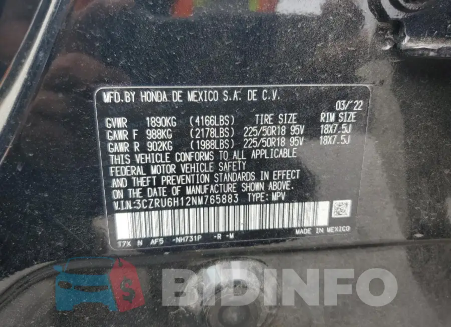 3CZRU6H12NM765883 Photo# 12