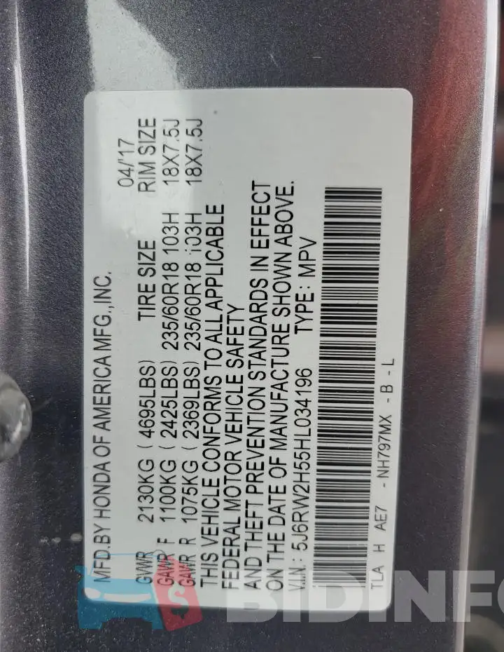 5J6RW2H55HL034196 Photo# 13