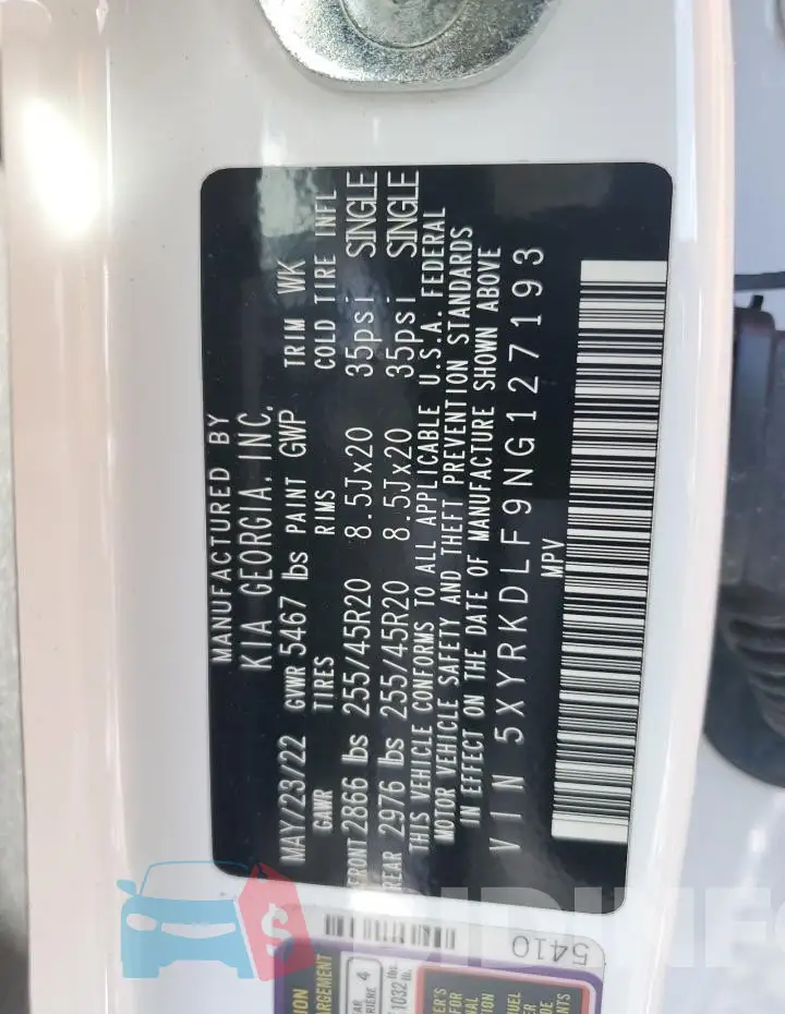 5XYRKDLF9NG127193 Photo# 13