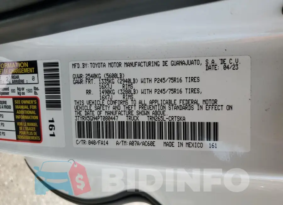 3TYRX5GN4PT080447 Photo# 12