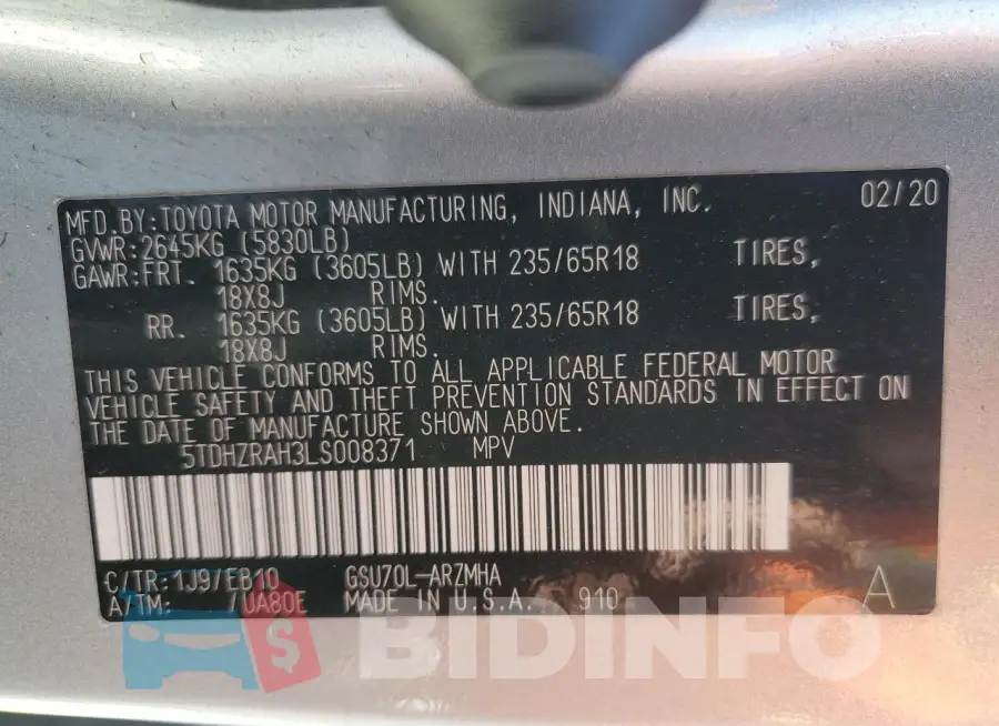 5TDHZRAH3LS008371 Photo# 13