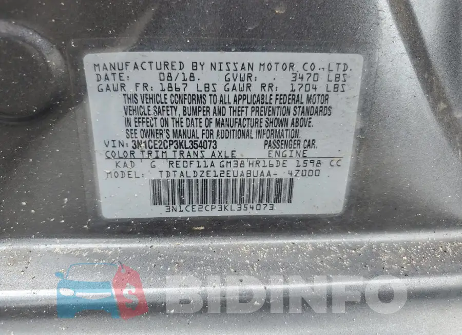 3N1CE2CP3KL354073 Photo# 12