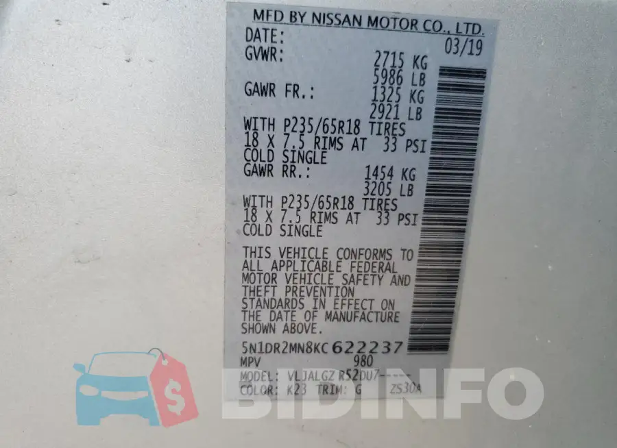 5N1DR2MN8KC622237 Photo# 13