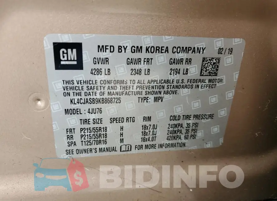 KL4CJASB9KB868725 Photo# 12