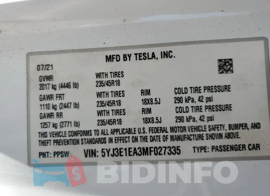 5YJ3E1EA3MF027335 Photo# 13