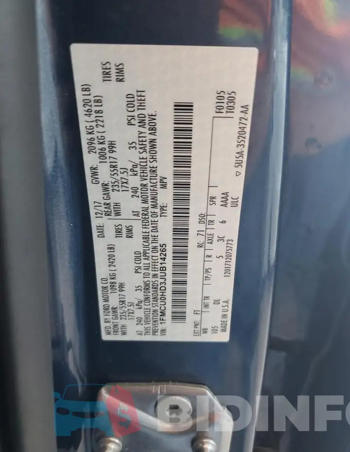 1FMCU0HD3JUB14265 Photo# 13