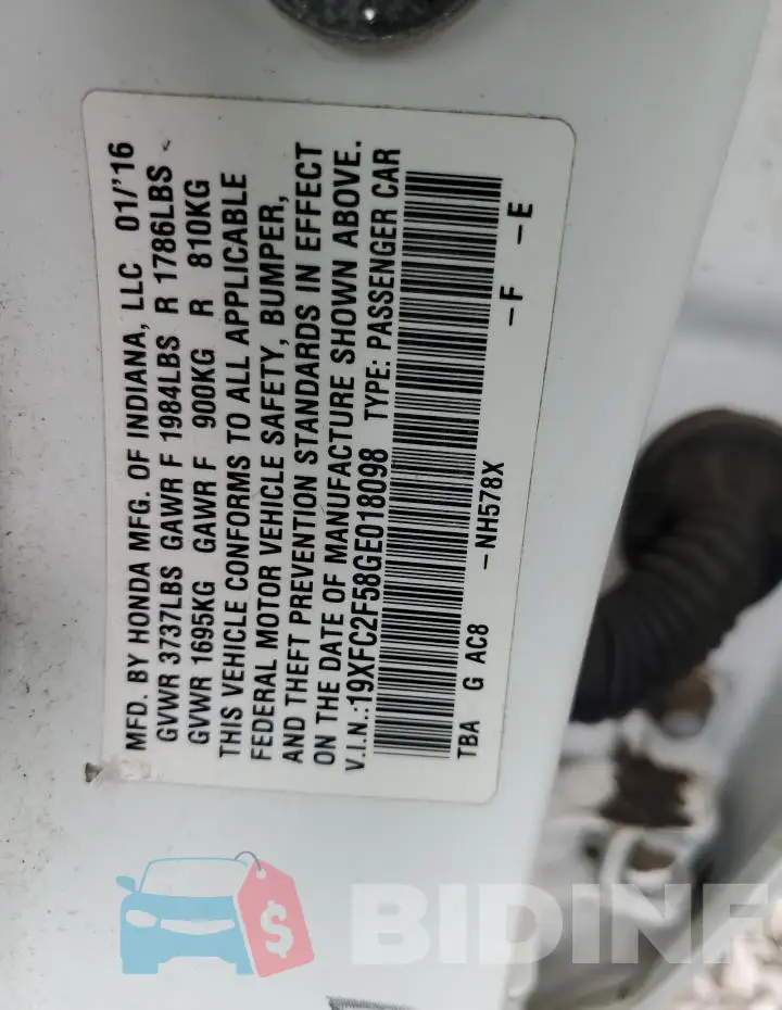 19XFC2F58GE018098 Photo# 13