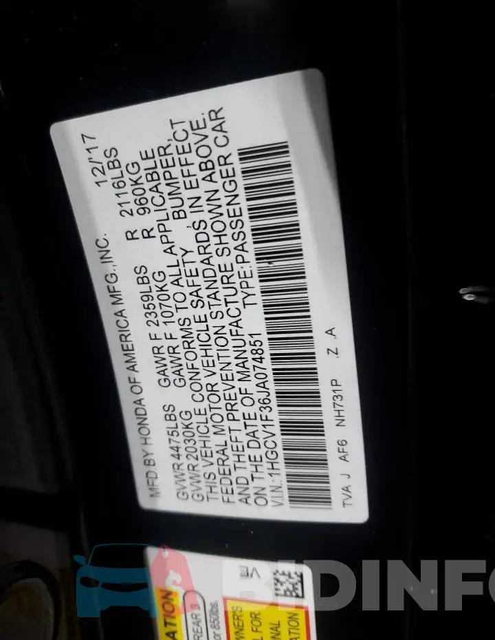 1HGCV1F36JA074851 Photo# 12