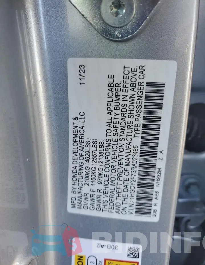 1HGCY2F73RA023495 Photo# 12