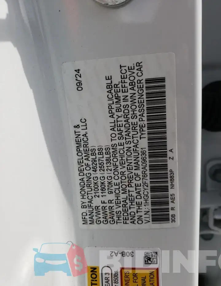 1HGCY2F76RA096361 Photo# 13