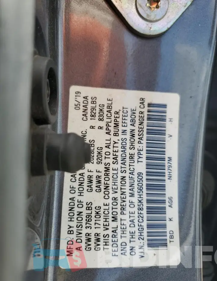 2HGFC2F85KH560509 Photo# 12