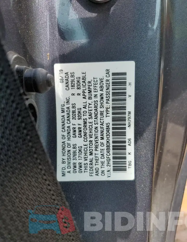 2HGFC4B80KH304845 Photo# 12