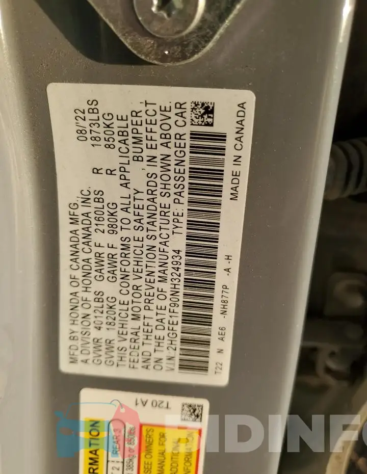 2HGFE1F90NH324934 Photo# 12