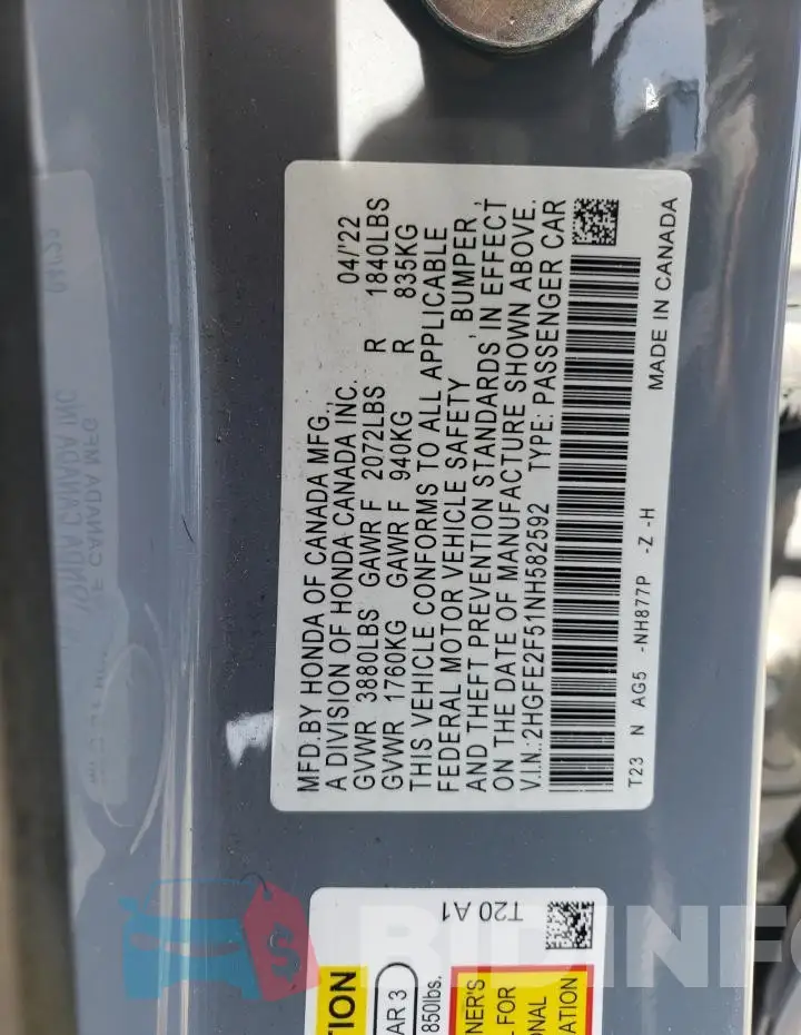 2HGFE2F51NH582592 Photo# 12