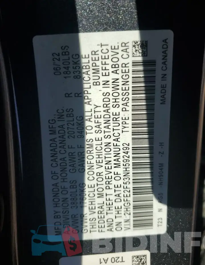 2HGFE2F53NH592492 Photo# 12