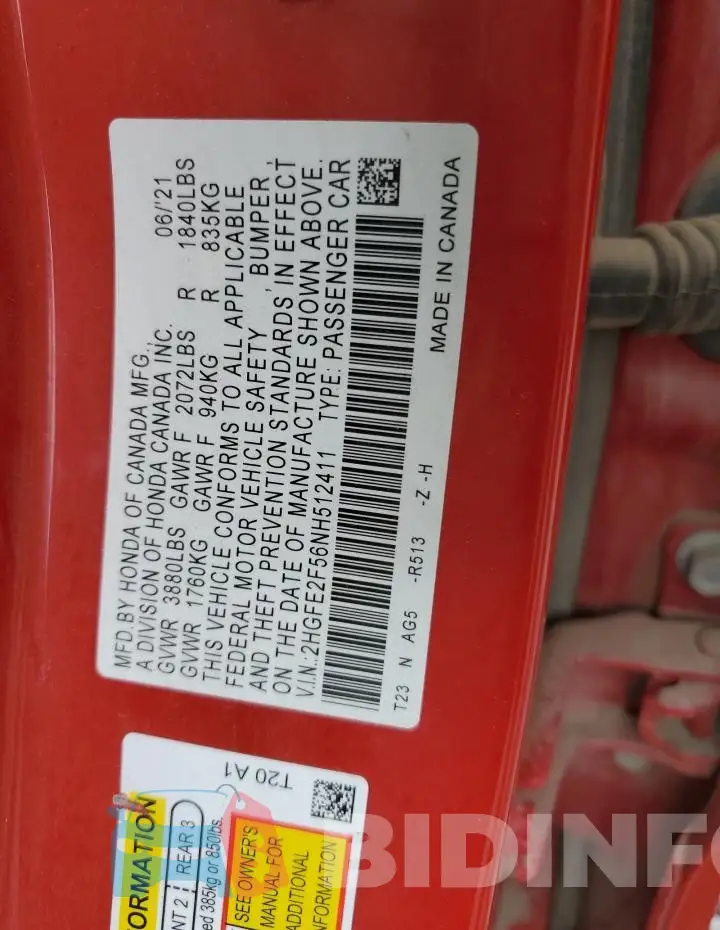 2HGFE2F56NH512411 Photo# 12