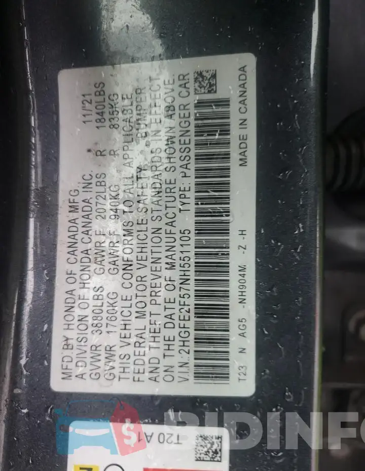 2HGFE2F57NH551105 Photo# 12