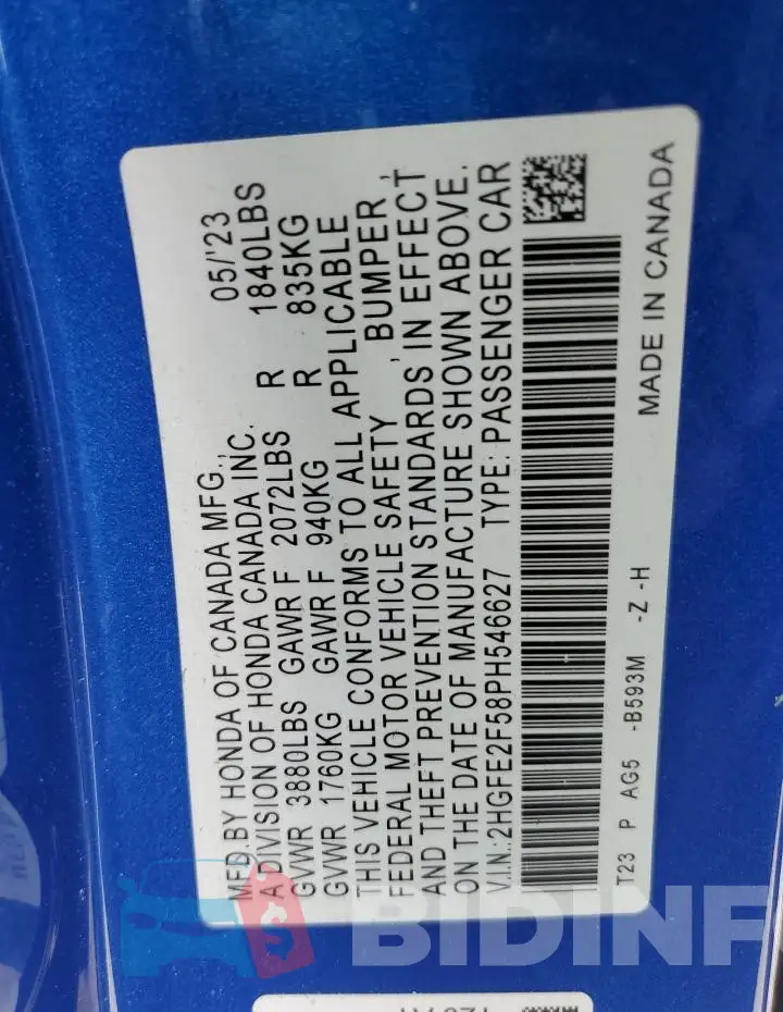 2HGFE2F58PH546627 Photo# 12