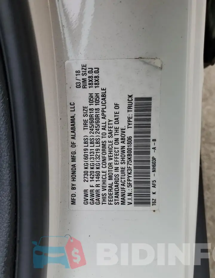 5FPYK3F75KB001806 Photo# 12