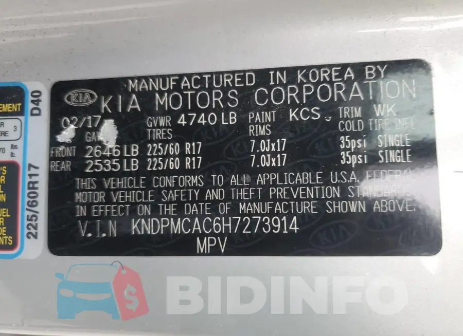 KNDPMCAC6H7273914 Photo# 13