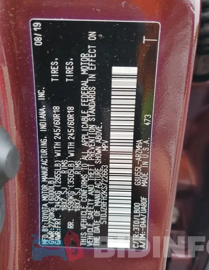 5TDJZRFH2KS722663 Photo# 13