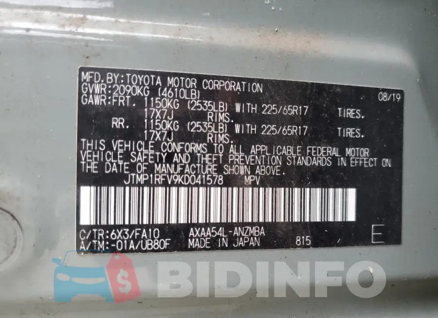 JTMP1RFV9KD041578 Photo# 13