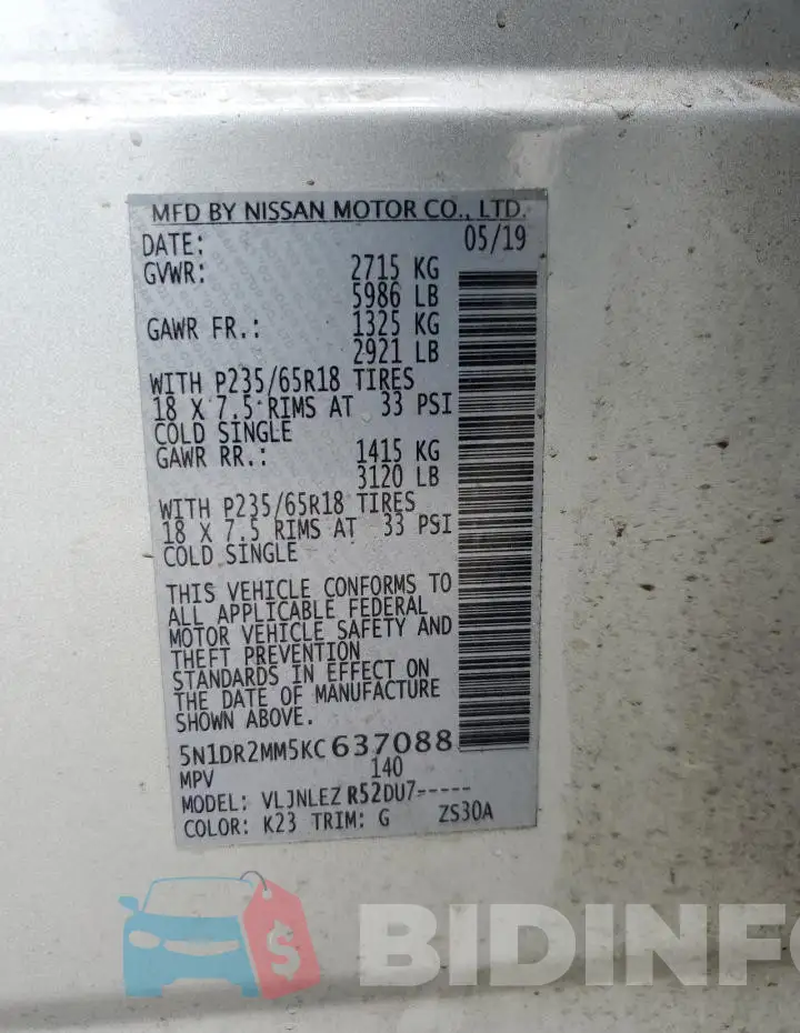 5N1DR2MM5KC637088 Photo# 13