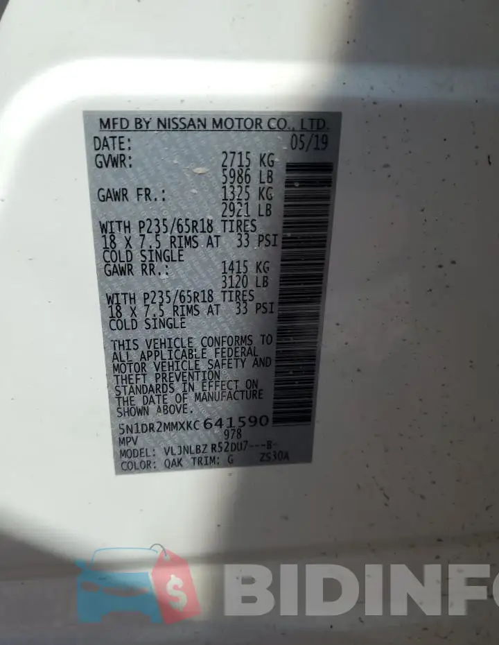 5N1DR2MMXKC641590 Photo# 13