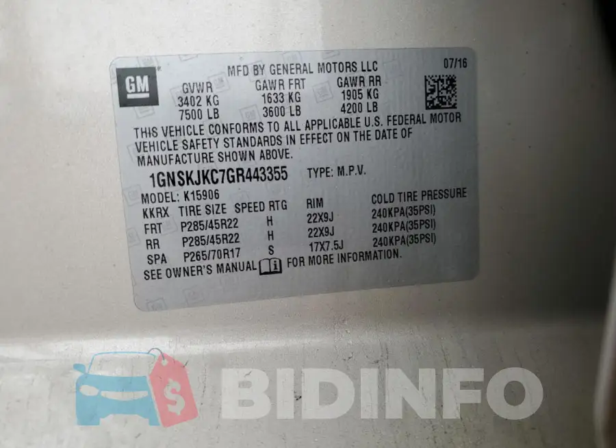 1GNSKJKC7GR443355 Photo# 14