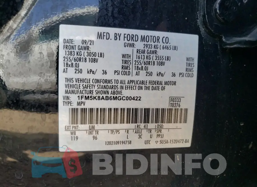 1FM5K8AB6MGC00422 Photo# 12