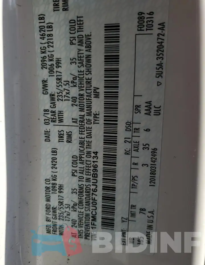 1FMCU0F76JUB96134 Photo# 13
