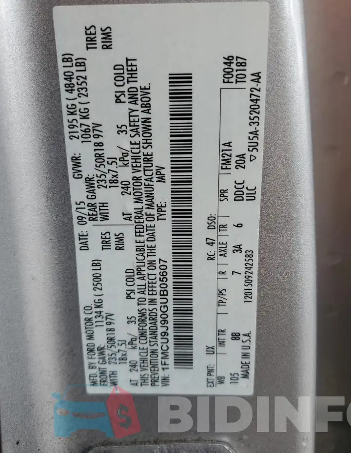 1FMCU9J90GUB05607 Photo# 13
