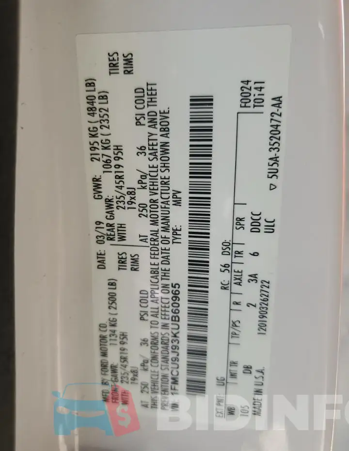 1FMCU9J93KUB60965 Photo# 14