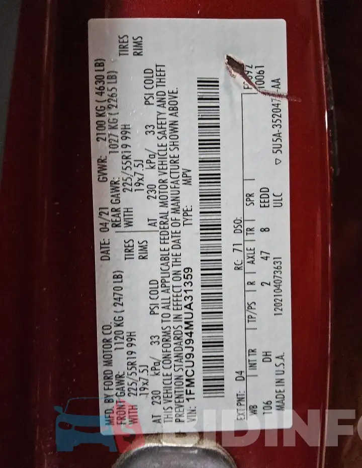 1FMCU9J94MUA31359 Photo# 13
