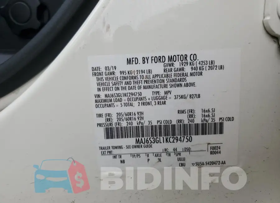 MAJ6S3GL1KC294750 Photo# 13