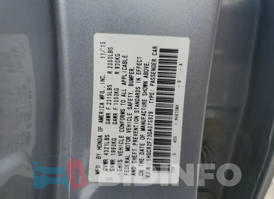 1HGCR2F73GA075929 Photo# 12
