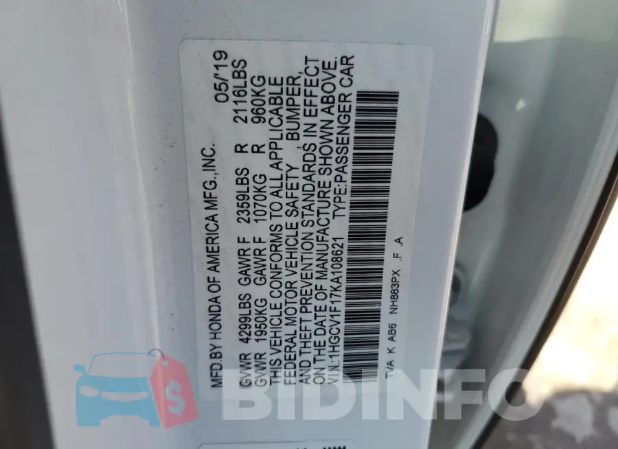 1HGCV1F17KA108621 Photo# 12
