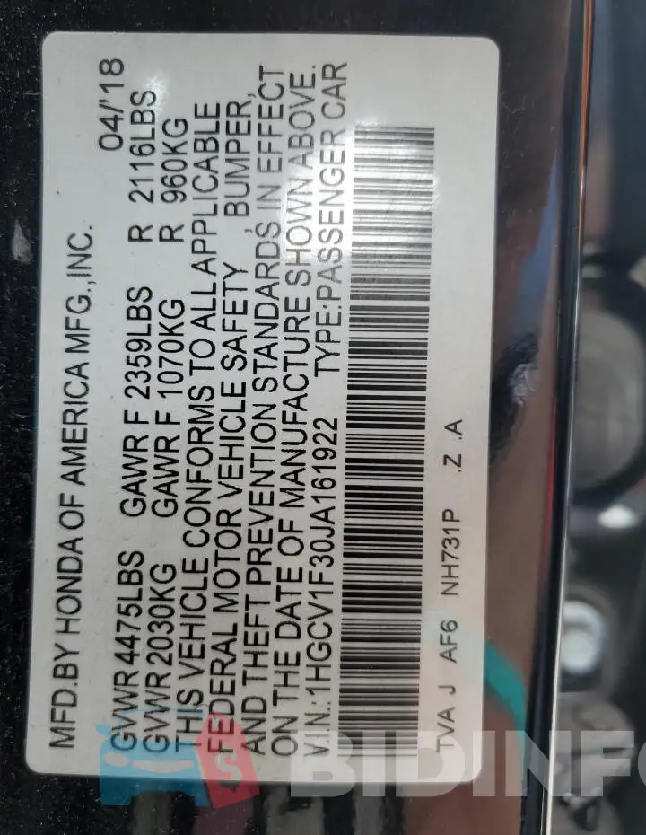 1HGCV1F30JA161922 Photo# 12