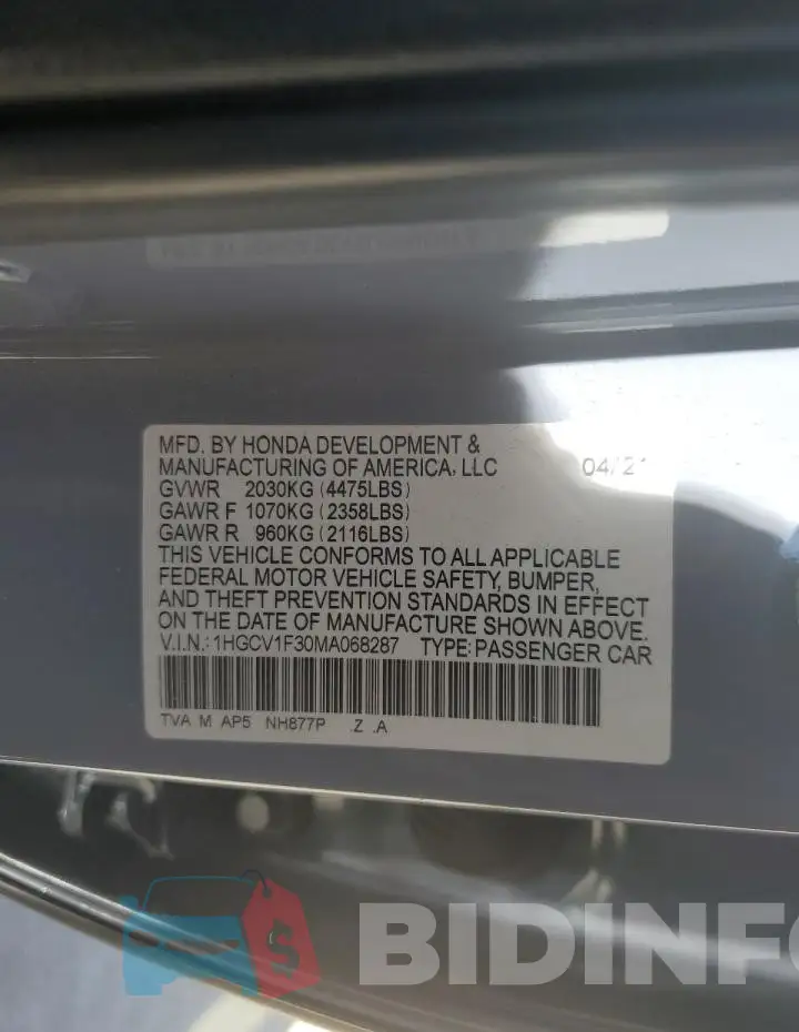 1HGCV1F30MA068287 Photo# 12