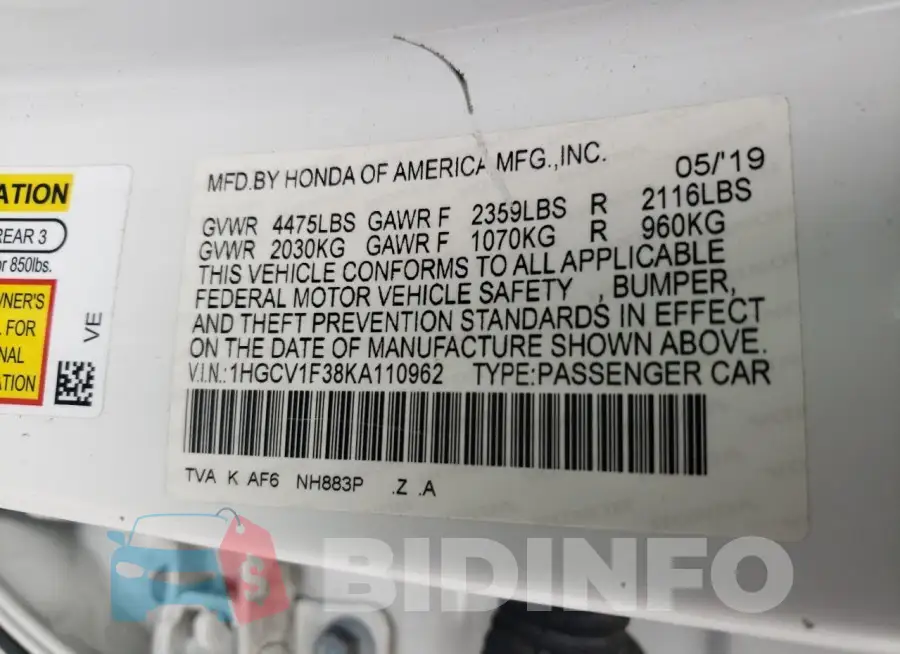 1HGCV1F38KA110962 Photo# 12