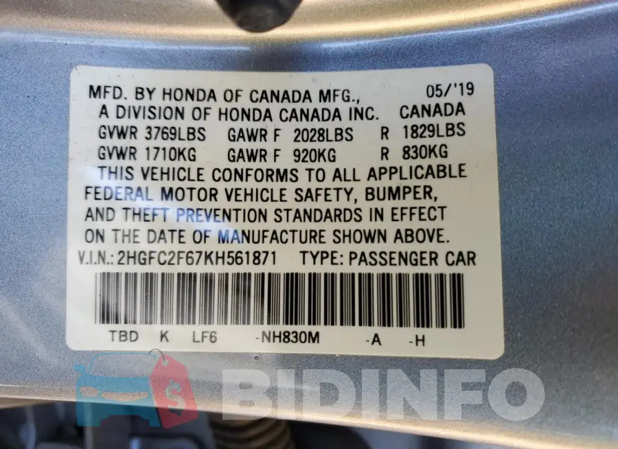 2HGFC2F67KH561871 Photo# 12