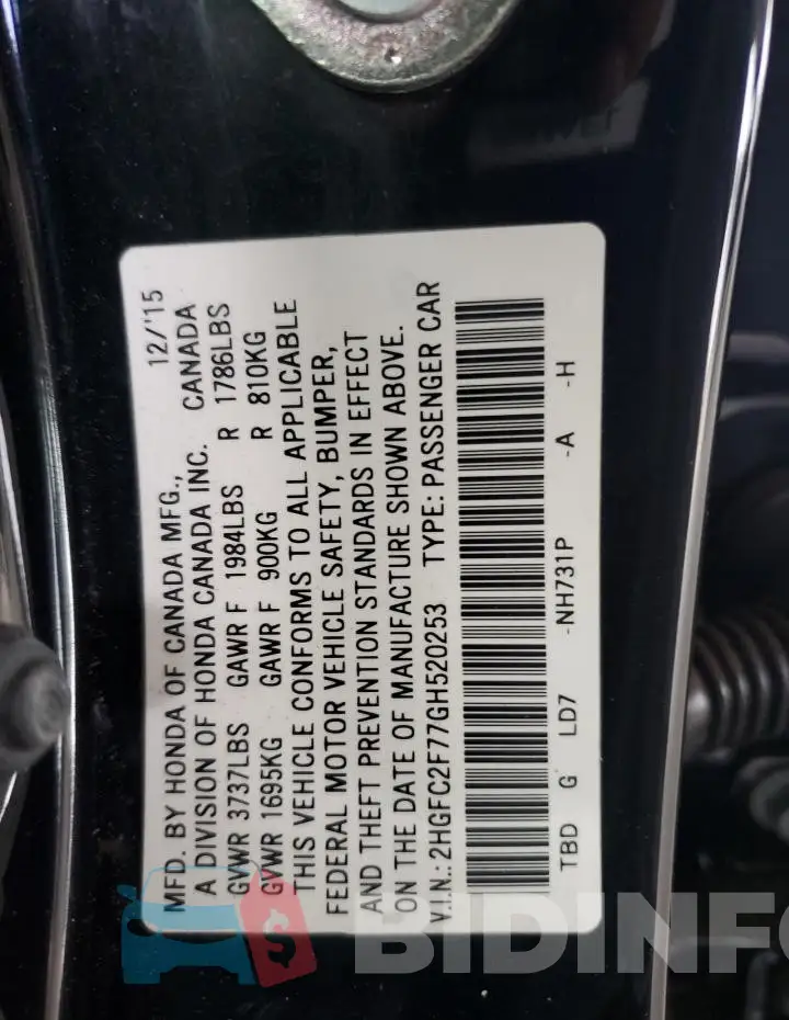 2HGFC2F77GH520253 Photo# 12
