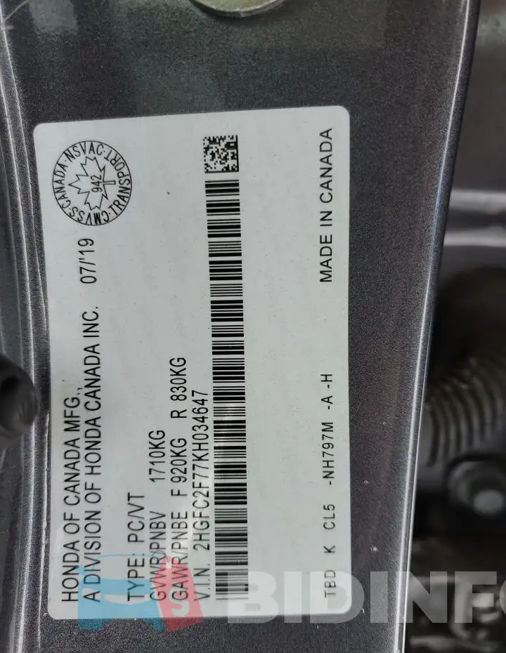 2HGFC2F77KH034647 Photo# 12