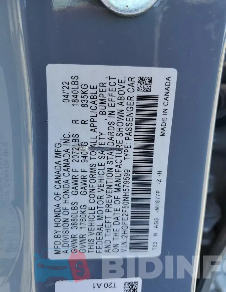 2HGFE2F50NH579599 Photo# 12