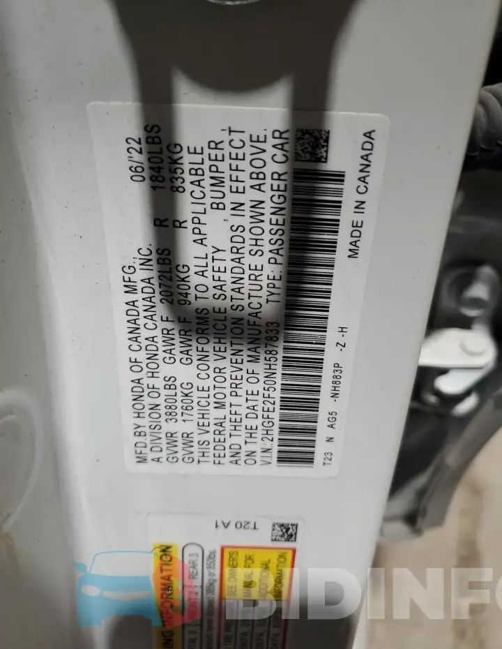 2HGFE2F50NH587833 Photo# 12
