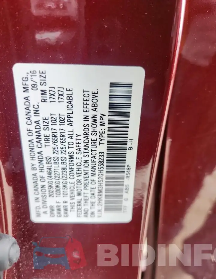 2HKRM3H52GH558233 Photo# 13