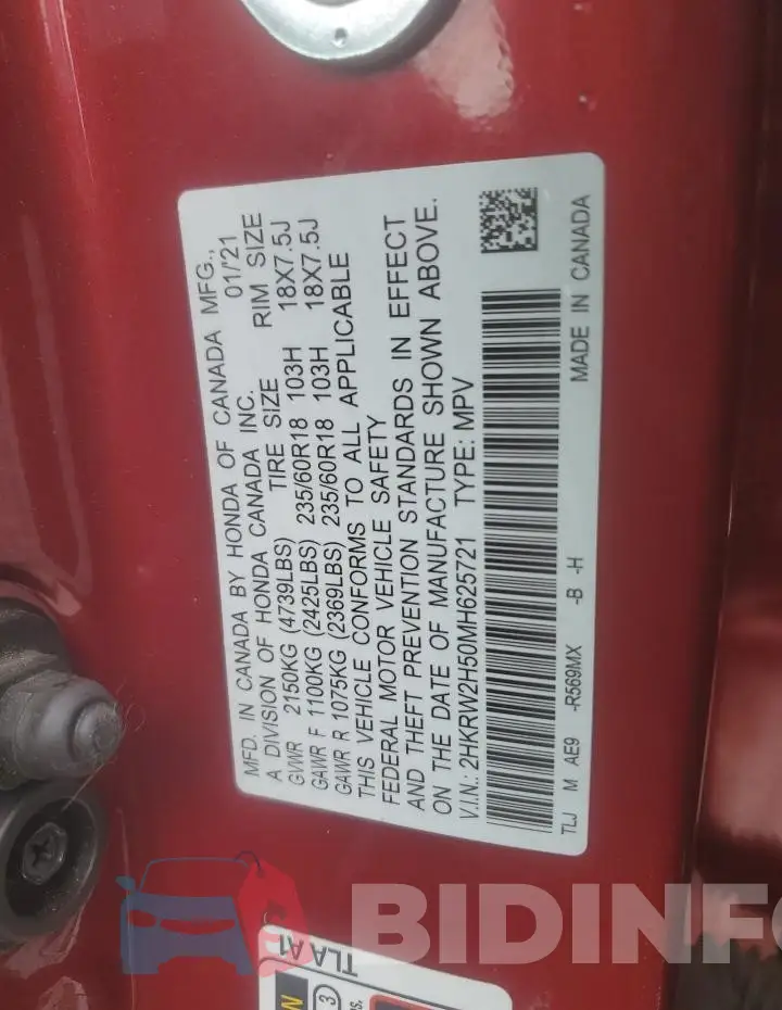 2HKRW2H50MH625721 Photo# 14