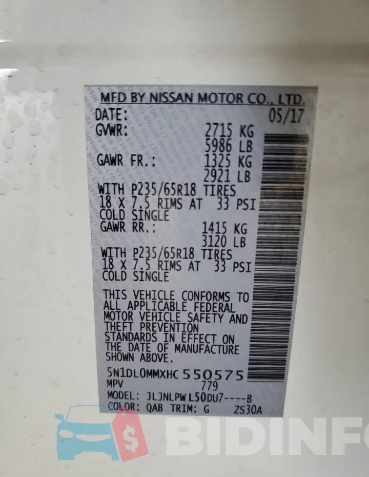 5N1DL0MMXHC550575 Photo# 13