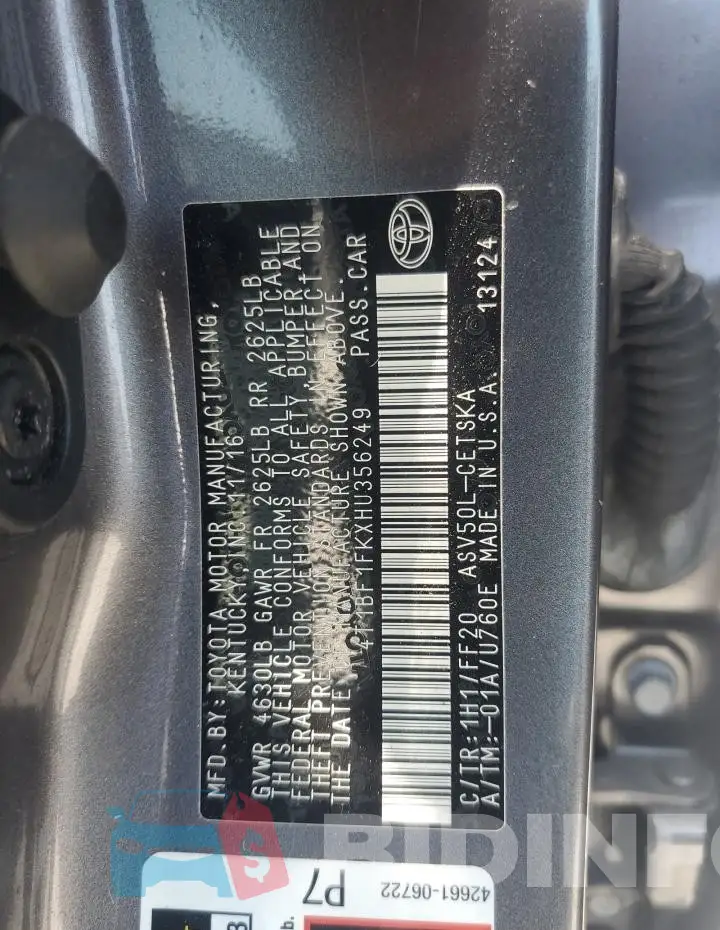 4T1BF1FKXHU356249 Photo# 13
